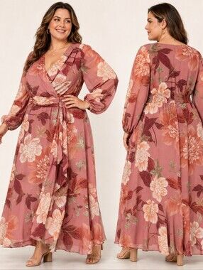 Maison Tara June Fashion Dress Size 18W Rosewood Blush Floral Wrap Maxi Romantic